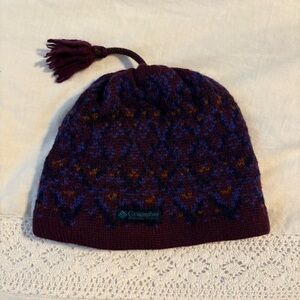Columbia Beanie Hat tassel knit 100% wool zigzag waves winter holiday vintage